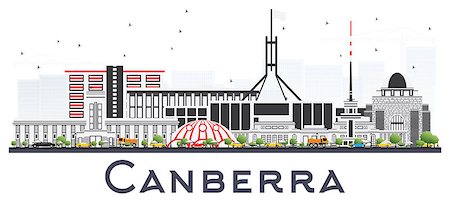 simsearch:400-08835425,k - Canberra Australia City Skyline with Gray Buildings Isolated on White. Vector Illustration. Business Travel and Tourism Concept with Modern Architecture. Canberra Cityscape with Landmarks. Stock Photo - Budget Royalty-Free & Subscription, Code: 400-09154324