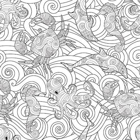Serene hand drawn outline seamless pattern with waves, sea animals - dolphin, seahorse, crab, octopus isolated on white background. Coloring book for adult and older children. Art vector illustration. Foto de stock - Super Valor sin royalties y Suscripción, Código: 400-09154337