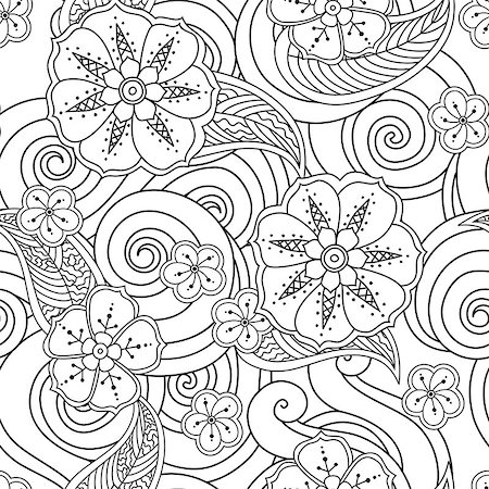 Abstract hand drawn outline stylized ornament seamless pattern with flowers and curls isolated on white background. coloring book for adult and older children. Art vector illustration. Stock Photo - Budget Royalty-Free & Subscription, Code: 400-09154339