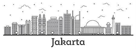 simsearch:400-08980954,k - Outline Jakarta Indonesia City Skyline with Modern Buildings Isolated on White. Vector Illustration. Jakarta Cityscape with Landmarks. Stock Photo - Budget Royalty-Free & Subscription, Code: 400-09154332