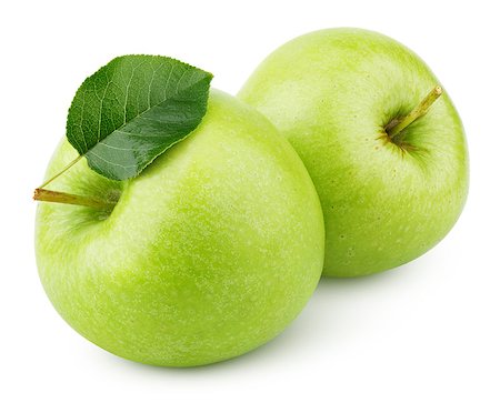 simsearch:400-09066237,k - Two ripe green apples with apple leaf isolated on white background. Green apples with clipping path Photographie de stock - Aubaine LD & Abonnement, Code: 400-09154366