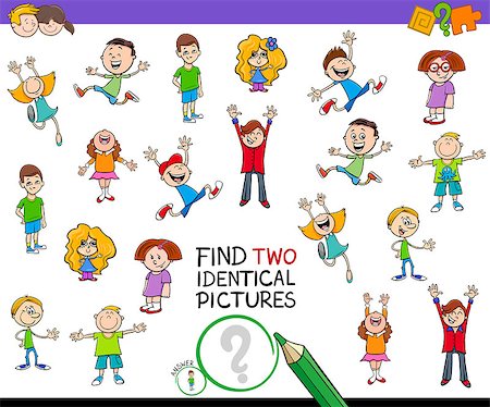 Cartoon Illustration of Finding Two Identical Pictures Educational Game for Kids with Boys and Girls Children Characters Stock Photo - Budget Royalty-Free & Subscription, Code: 400-09154436