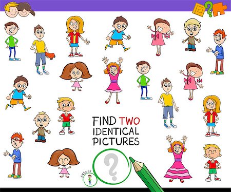 Cartoon Illustration of Finding Two Identical Pictures Educational Game for Kids with Children Characters Stock Photo - Budget Royalty-Free & Subscription, Code: 400-09154437