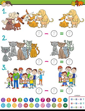 Cartoon Illustration of Educational Mathematical Subtraction Puzzle Game for Preschool and Elementary Age Children with Kids and Animal Characters Stock Photo - Budget Royalty-Free & Subscription, Code: 400-09154444