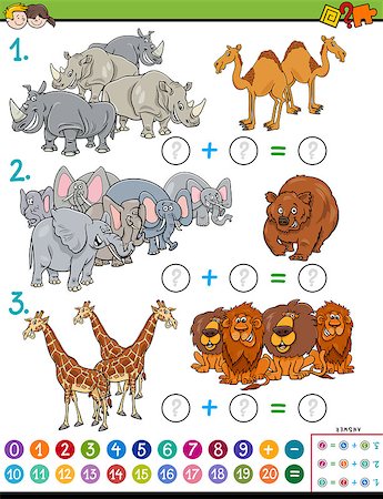 Cartoon Illustration of Educational Mathematical Addition Puzzle Game for Preschool and Elementary Age Children with Animal Characters Stock Photo - Budget Royalty-Free & Subscription, Code: 400-09154443