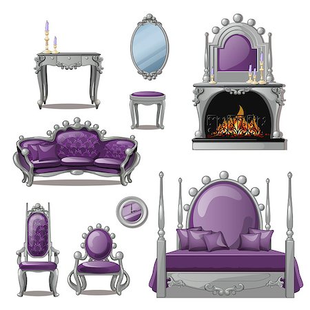 A set of furniture and accessories for living room interior in grey and purple. Vintage style. Stockbilder - Microstock & Abonnement, Bildnummer: 400-09154478