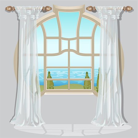 The ornate curtain in the interior. Vector illustration. Picturesque view from the window. Stockbilder - Microstock & Abonnement, Bildnummer: 400-09154479