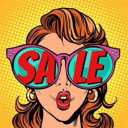 Woman with sunglasses. sale in reflection. Comic cartoon pop art retro illustration vector kitsch drawing Stock Photo - Budget Royalty-Free & Subscription, Code: 400-09154488