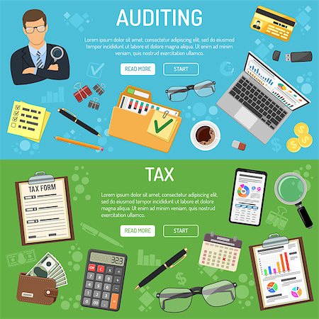 rimborso - Auditing, Tax, Business Accounting banners with flat style icons auditor, folder, laptop, charts and calculator. Isolated vector illustration Fotografie stock - Microstock e Abbonamento, Codice: 400-09154569