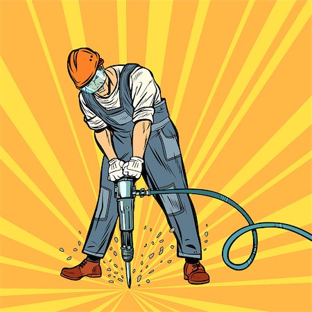 drill and cartoon - road worker jackhammer. Pop art retro vector illustration kitsch vintage drawing Stock Photo - Budget Royalty-Free & Subscription, Code: 400-09154710