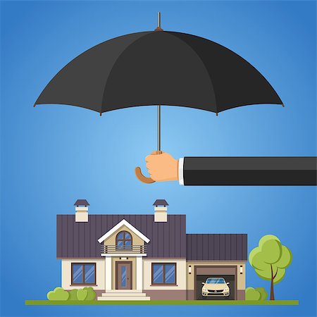 simsearch:400-08955759,k - Agent Holding umbrella in hand and protects real estate and car. insurance safe concept. flat style icons. Isolated vector illustration Photographie de stock - Aubaine LD & Abonnement, Code: 400-09154725