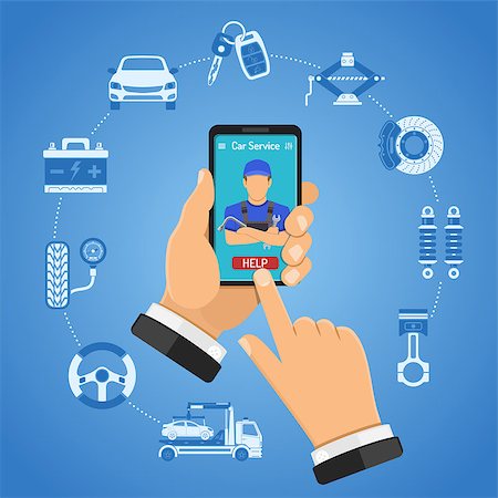 Online Car Services Infographics. Man Holds Smartphone in hand and orders car mechanic. Flat Style Icons. Isolated vector illustration Stock Photo - Budget Royalty-Free & Subscription, Code: 400-09154721