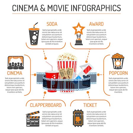 Cinema and Movie infographics with two color and flat Icons popcorn, award, soda, clapperboard, tickets and 3D glasses. Isolated vector illustration Stock Photo - Budget Royalty-Free & Subscription, Code: 400-09154810