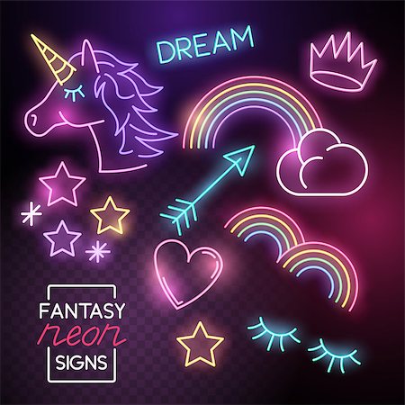 simsearch:694-03693899,k - Fantasy Neon lights set incuding unicorns and rainbows. Vector illustration. Fotografie stock - Microstock e Abbonamento, Codice: 400-09154868