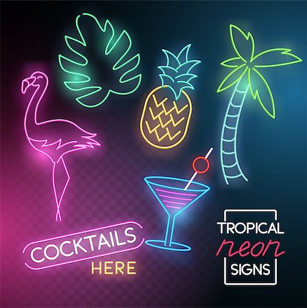 flamingo not pink not bird - A set of neon glowing light signs with a flamingo, cocktail and palm tree. Vector illustration. Stock Photo - Budget Royalty-Free & Subscription, Code: 400-09154890