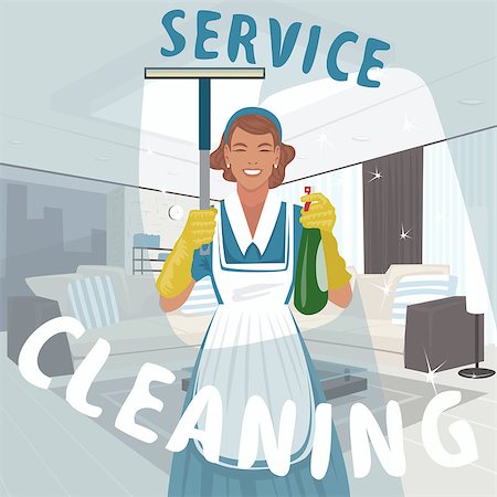 Cleaning woman washing big window in live room. Cleaner girl holding sprayer and rubber scraper. Cleaning service lettering. Expressive cartoon style Stock Photo - Budget Royalty-Free & Subscription, Code: 400-09154913