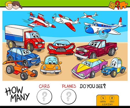 simsearch:400-09092454,k - Cartoon Illustration of Educational Counting Game for Children with Cars and Planes Funny Characters Group Stockbilder - Microstock & Abonnement, Bildnummer: 400-09154956