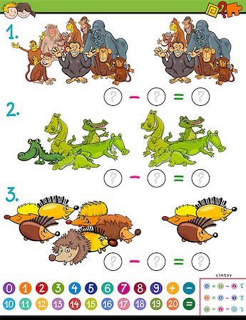 Cartoon Illustration of Educational Mathematical Subtraction Puzzle Game for Children with Animal Characters Stock Photo - Budget Royalty-Free & Subscription, Code: 400-09154957