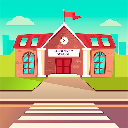 Elementary school flat buildung. Back to school cartoon background. Crosswalk before schoolhouse. Stock Photo - Budget Royalty-Free & Subscription, Code: 400-09158334