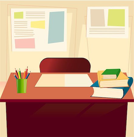 Student table with textbooks, copybook, pensils in elementary school classroom background. Interior of school classroom front view. Back to school supplies backdrop. Flat concept. Empty space for text Stock Photo - Budget Royalty-Free & Subscription, Code: 400-09158336