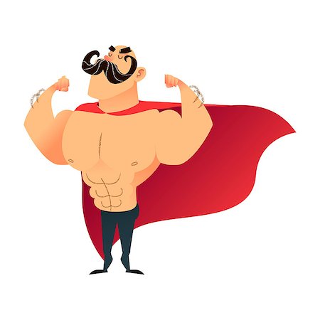 Strong cartoon funny superhero. Power super hero man with cape. Flat athlete character. Muscular brutal athletic guy with mustache. Strongman proudly shows his muscles in strong arms Stock Photo - Budget Royalty-Free & Subscription, Code: 400-09158331