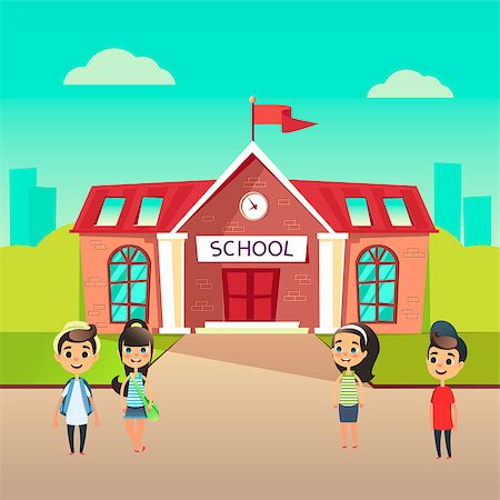 Group of pupils go to school together. Students talking in front of building schoolhouse. Welcome Back to school concept. Schoolboys and schoolgirls came to learn. The first day at school Stock Photo - Budget Royalty-Free & Subscription, Code: 400-09158332