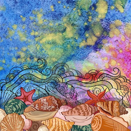 simsearch:400-05077592,k - Sea Exotic Pattern, Seashells, Starfish and Contours on a Watercolor Painting Background Foto de stock - Royalty-Free Super Valor e Assinatura, Número: 400-09158383