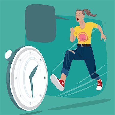 Full body of girl running and screams. Pursuit of time or chasing of rolling clock. Expressive cartoon style Stock Photo - Budget Royalty-Free & Subscription, Code: 400-09158430