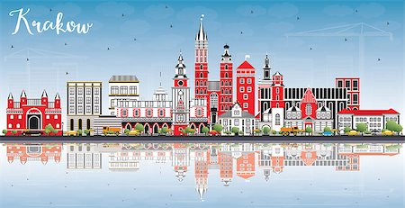 simsearch:400-08835425,k - Krakow Poland City Skyline with Color Buildings, Blue Sky and Reflections. Vector Illustration. Business Travel and Tourism Concept with Historic Architecture. Krakow Cityscape with Landmarks. Stock Photo - Budget Royalty-Free & Subscription, Code: 400-09158479