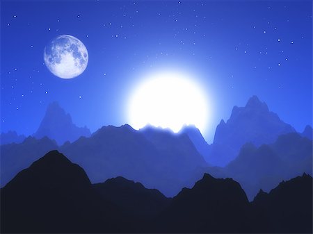 3D render of an abstract landscape with moon and sun Stock Photo - Budget Royalty-Free & Subscription, Code: 400-09158507