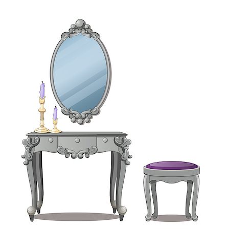 simsearch:400-04362491,k - A vintage table for cosmetics and a mirror with frame, isolated on white background. Stockbilder - Microstock & Abonnement, Bildnummer: 400-09158522