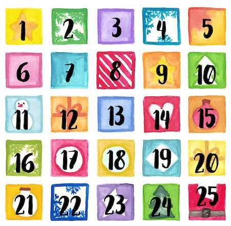 Vector illustration Christmas advent calendar of watercolor paint. Set watercolor elements Stock Photo - Budget Royalty-Free & Subscription, Code: 400-09158537