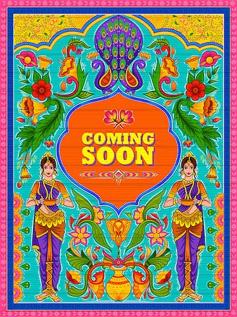 illustration of colorful Coming Soon banner in truck art kitsch style of India Stock Photo - Budget Royalty-Free & Subscription, Code: 400-09158579