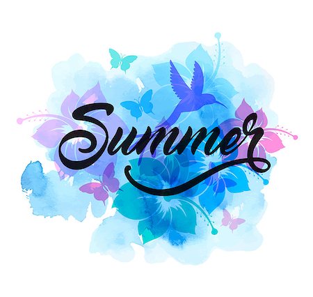 simsearch:400-09048464,k - Blue abstract summer tropical background with flowers, humming bird and watercolor texture. Vector illustration Stockbilder - Microstock & Abonnement, Bildnummer: 400-09158571