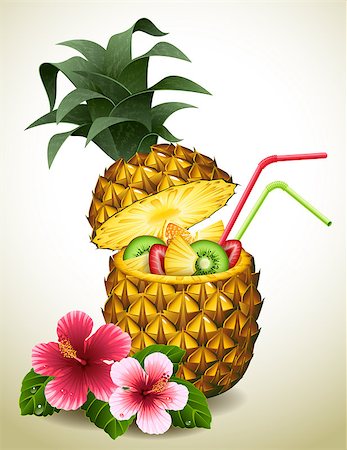pineapple botanical - Vector illustration - pineapple tropical cocktail and flowers Stock Photo - Budget Royalty-Free & Subscription, Code: 400-09158597