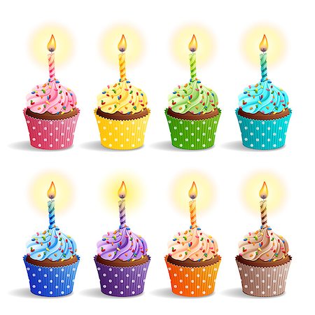 simsearch:400-04409557,k - Vector icon set - colorful birthday cupcakes with candles. EPS10 Stockbilder - Microstock & Abonnement, Bildnummer: 400-09158611