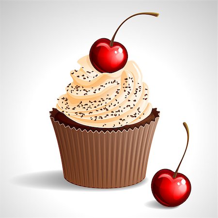 Vector illustration - cupcake with cream and cherry, sprinkled with chocolate. eps10. Stock Photo - Budget Royalty-Free & Subscription, Code: 400-09158613