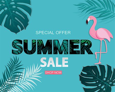 flamingo not pink not bird - Abstract Tropical Summer Sale Background with Flamingo and Leaves. Vector Illustration EPS10 Stock Photo - Budget Royalty-Free & Subscription, Code: 400-09158634