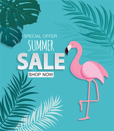 flamingo not pink not bird - Abstract Tropical Summer Sale Background with Flamingo and Leaves. Vector Illustration EPS10 Stock Photo - Budget Royalty-Free & Subscription, Code: 400-09158635