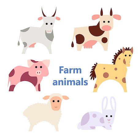 Set of simple flat farm animals isolated on white. Educational flashcard for teaching preschool in kindergarten. Colorful flat cartoon style illustration. Stock Photo - Budget Royalty-Free & Subscription, Code: 400-09158662