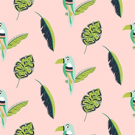 simsearch:400-03936936,k - Toucan bird and leaves pattern seamless vector. Green exotic birds on light pink jungle background. Fotografie stock - Microstock e Abbonamento, Codice: 400-09158687