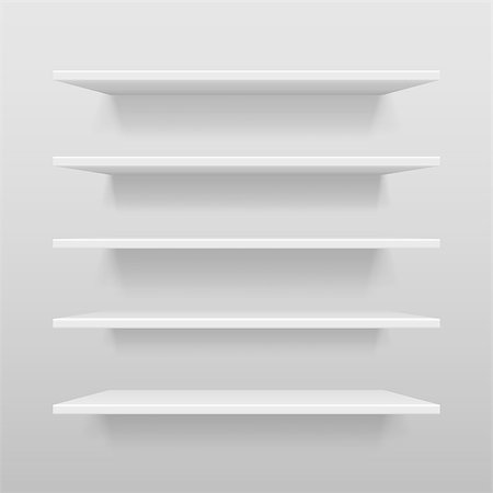 Empty white shop or exhibition shelf, retail white shelves mockup. Realistic vector bookshelf with shadow on wall, 3d Bookshelf store or shop vector illustration EPS 10 Stock Photo - Budget Royalty-Free & Subscription, Code: 400-09158854