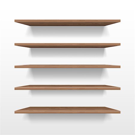Empty wooden shop or exhibition shelf, retail shelves mockup isolated. Realistic wooden bookshelf with shadow on wall, 3d Bookshelf store or shop vector illustration EPS 10 Stock Photo - Budget Royalty-Free & Subscription, Code: 400-09158855