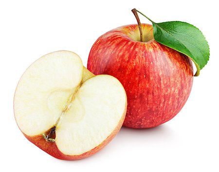 simsearch:400-09066237,k - Ripe red apple fruit with apple half without seeds and apple leaf isolated on white background. Red apples and leaf with clipping path Photographie de stock - Aubaine LD & Abonnement, Code: 400-09151482