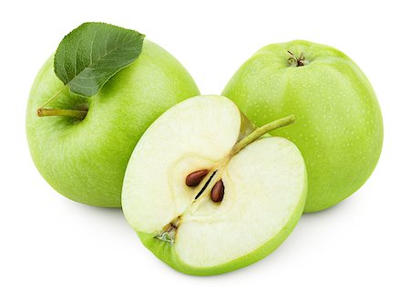 simsearch:400-04994957,k - Group of ripe green apple fruits with apple half and green apple leaf isolated on white background. Apples with clipping path Fotografie stock - Microstock e Abbonamento, Codice: 400-09151559