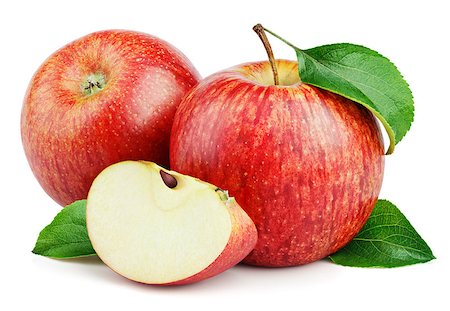 simsearch:400-09066237,k - Ripe red apple fruits with apple slice and apple green leaves isolated on white background. Red apples and leaves with clipping path Photographie de stock - Aubaine LD & Abonnement, Code: 400-09151748