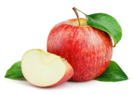 simsearch:400-04864980,k - Ripe red apple fruit with apple slice and green leaves isolated on white background. Red apples and leaves with clipping path Photographie de stock - Aubaine LD & Abonnement, Code: 400-09151979