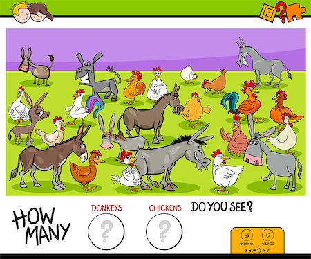 Cartoon Illustration of Educational Counting Game for Children with Donkeys and Chickens Farm Animals Characters Group Stock Photo - Budget Royalty-Free & Subscription, Code: 400-09152002