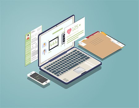 Isometric laptop with software for medicine and healthcare. Phone and folder with documents. Doctor and patient consultation and diagnosis. Medical app for phone and computer. Photographie de stock - Aubaine LD & Abonnement, Code: 400-09152078
