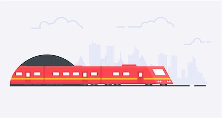 Modern suburban red train on rails and tunnel. Subway transportation design. Locomotive with passenger wagons. Journey and road adventure. Flat linear modern, trendy vector banner. Photographie de stock - Aubaine LD & Abonnement, Code: 400-09152080